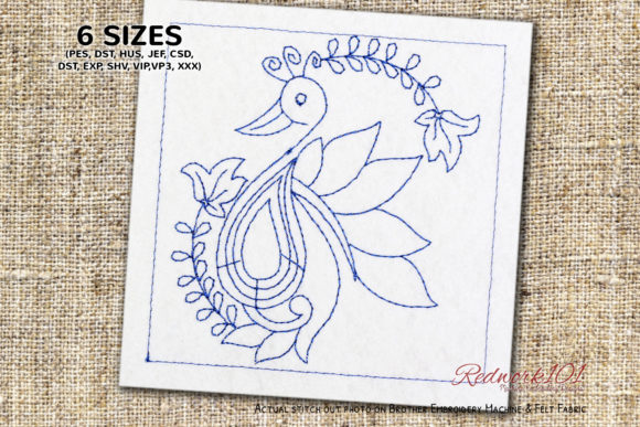 Peacock Floral Pattern Redwork for Custom Embroidery